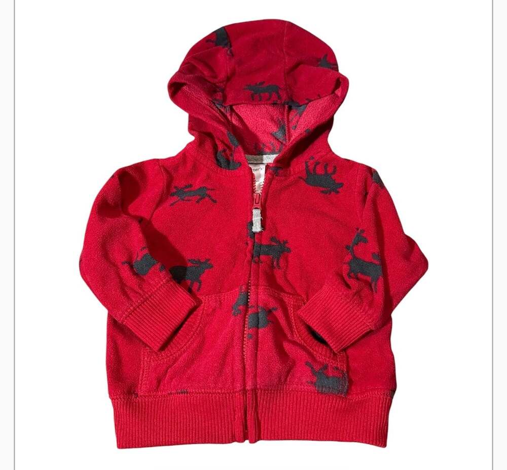 Carter's Red Fleece Moose Woodland Print Zip-Up Hoodie Jacket 3 Months